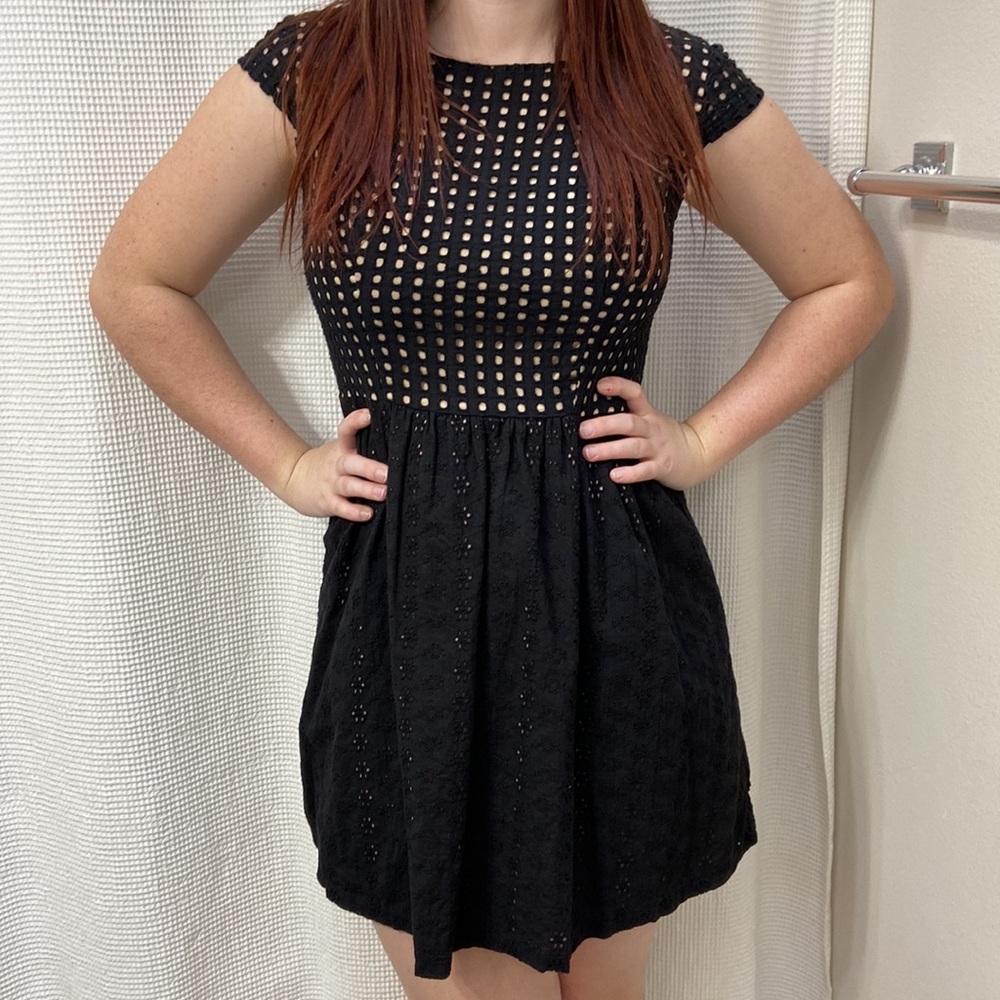 Women’s Xhilaration square and floral cut out black and cream dress. Size small - Picture 3 of 14